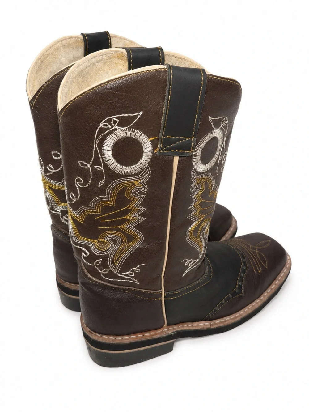 Rodeo Kids Brown Black Leather Cowboy Boots Square Toe Embroidered Size 12